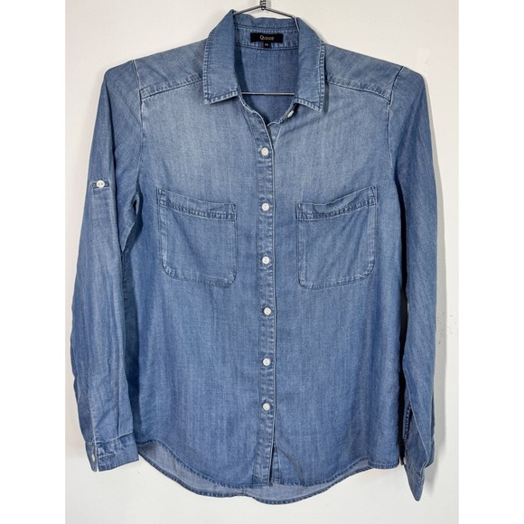 Quince Tops - Quince Women's Distressed‎ Chambray Roll Tab Long Sleeve Button Up Shirt Size XS